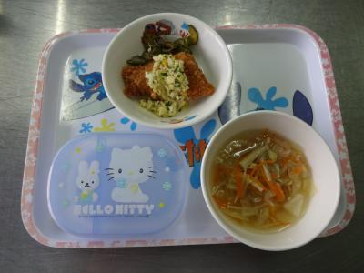 魚のフライ☆ゆかり和え☆野菜スープ