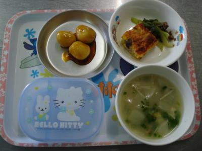 さつま芋のオムレツ☆チンゲン菜の炒めもの☆味噌汁★チーズ白玉