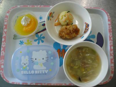 鶏のから揚げ☆ポテトサラダ☆野菜スープ★オレンジゼリー