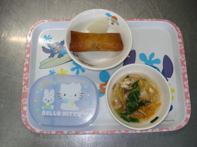 魚の春巻き☆漬物☆中華スープ