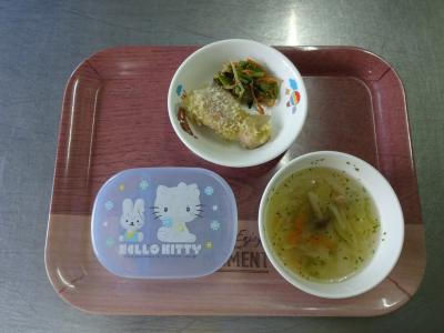 鶏のパン粉焼き☆ゴマ和え☆野菜スープ