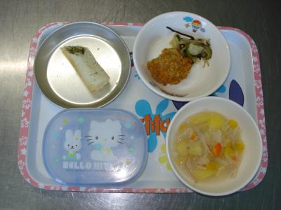 鶏のクラッカー焼き☆昆布和え☆味噌バタースープ★ジャコトースト