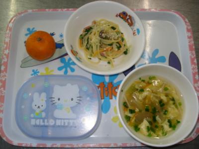 大根葉のクリームパスタ☆野菜と卵のスープ☆みかん