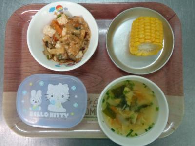 ナス入り麻婆豆腐☆わかめと卵のスープ★茹でとうもろこし